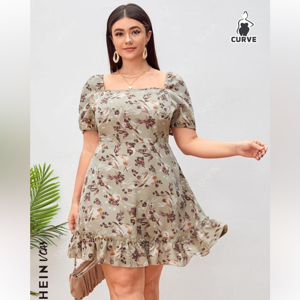 SHEIN VCAY Plus Floral Print Square Neck Puff Sleeve Ruffle Hem Dress